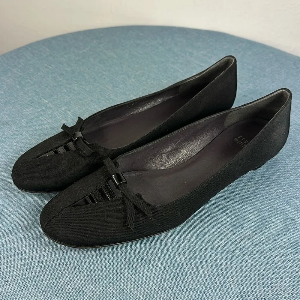 Stuart Weitzman Black Bow Accent Slip On Ballet Flats Size 7 W